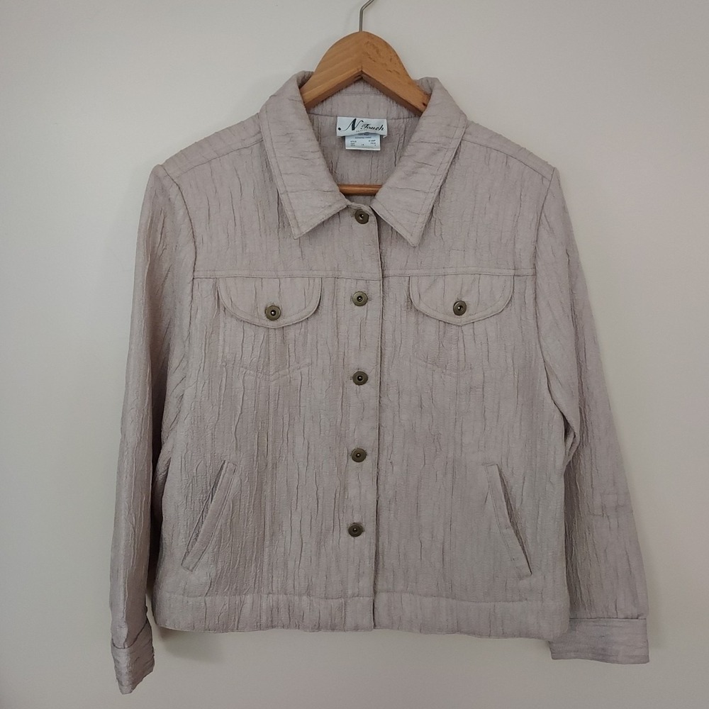 Petite Women Beige Textured Crinkle Button Jacket Shacket Coastal Layering 14P